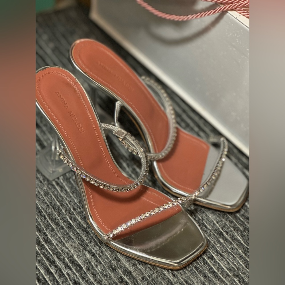 Amina Muaddi Silver Heels - Picture 4 of 12